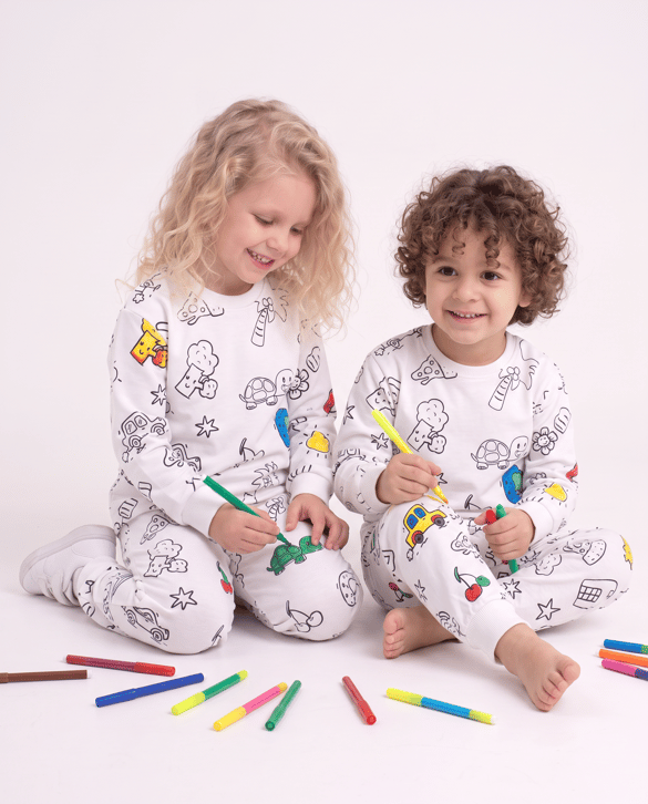 001016 Uzun Kollu Boyanabilen ve Yıkanabilen Pijama Takımı Unisex Çocuk KREM