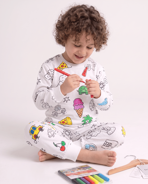 001016 Uzun Kollu Boyanabilen ve Yıkanabilen Pijama Takımı Unisex Çocuk KREM