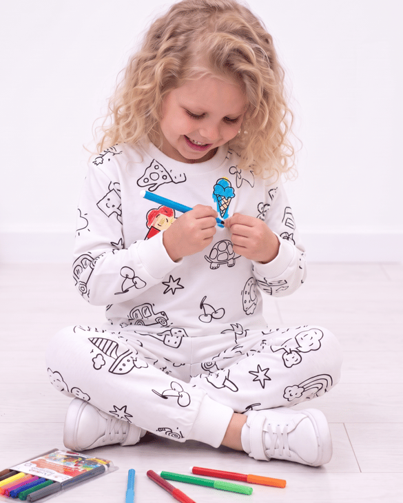 001016 Uzun Kollu Boyanabilen ve Yıkanabilen Pijama Takımı Unisex Çocuk KREM