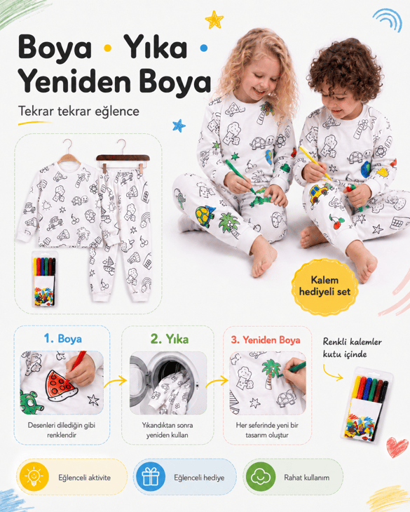 001016 Uzun Kollu Boyanabilen ve Yıkanabilen Pijama Takımı Unisex Çocuk KREM