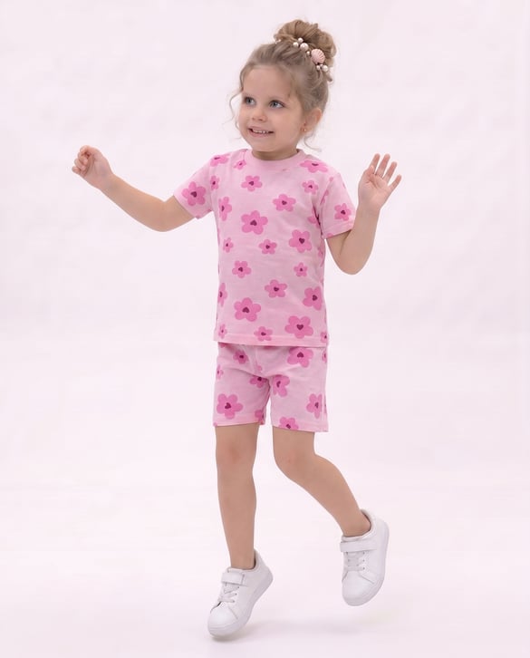 00504-17 Çiçek Desenli Kız Çocuk Takım PEMBE