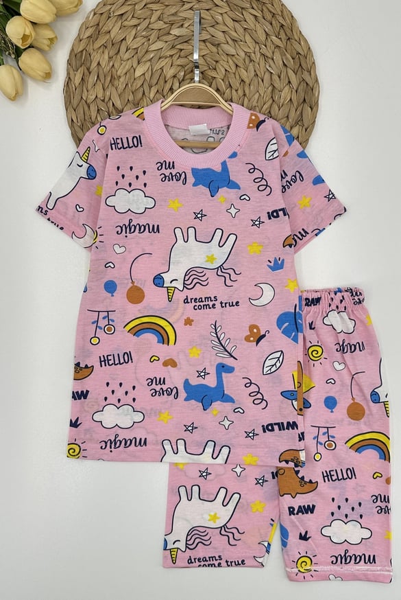 00504-5 Unicorn Bulut Desenli Kız Çocuk Takım PEMBE