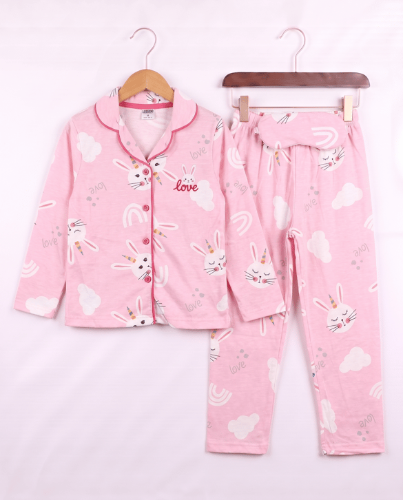 008026 Göz Bantlı Kedi Desenli Pijama Takımı PEMBE