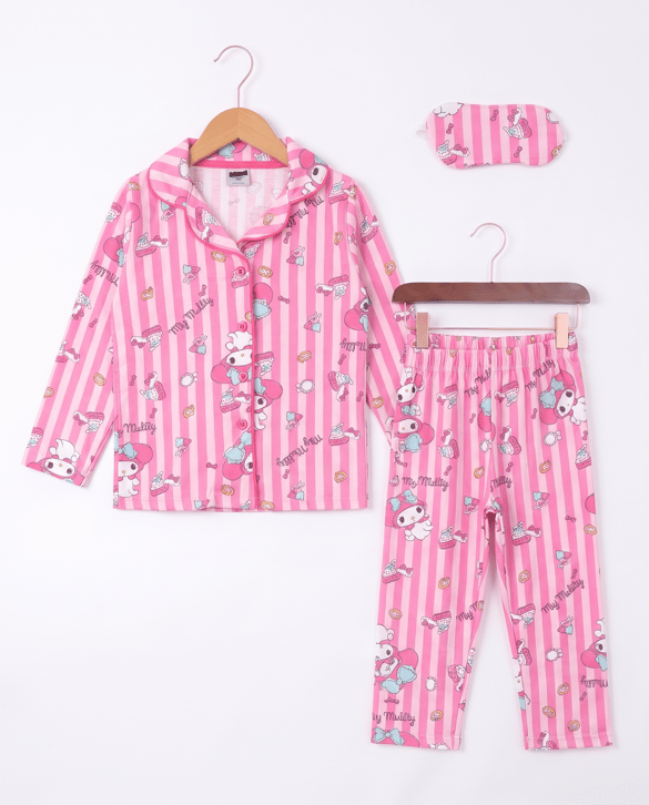 008038 Göz Bantlı Mymelodi Desenli Çizgili Pijama Takımı PEMBE