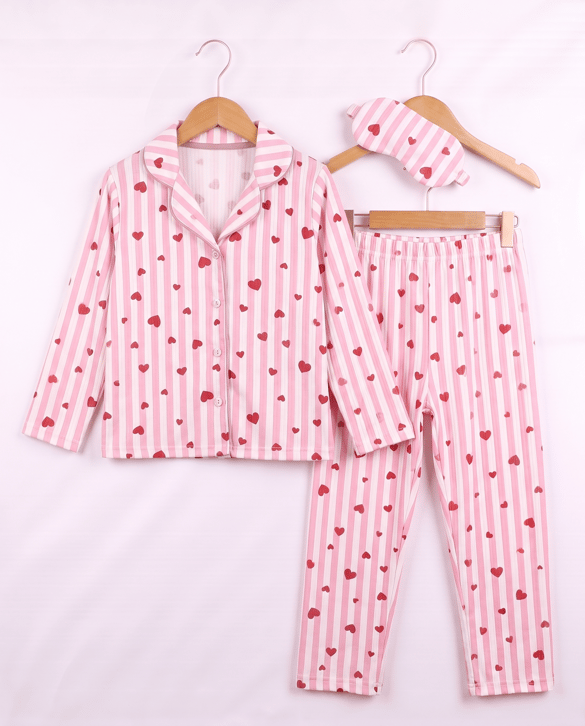 008041 Kalp Desenli Çizgili Pijama Takımı PEMBE
