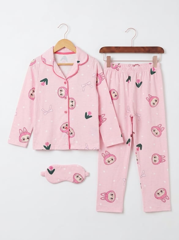 008043 Lale Labubu Desenli Pijama Takımı PEMBE