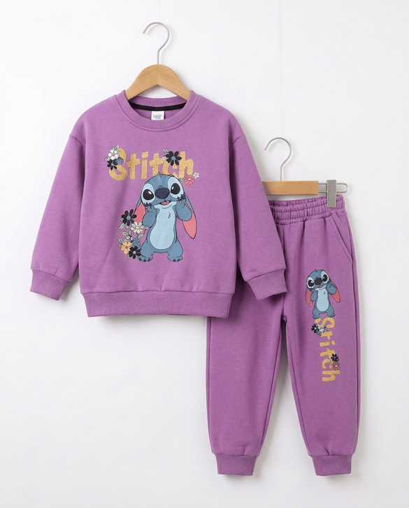 0110 Stitch Başlıklı Şardonlu Kız Takım MOR
