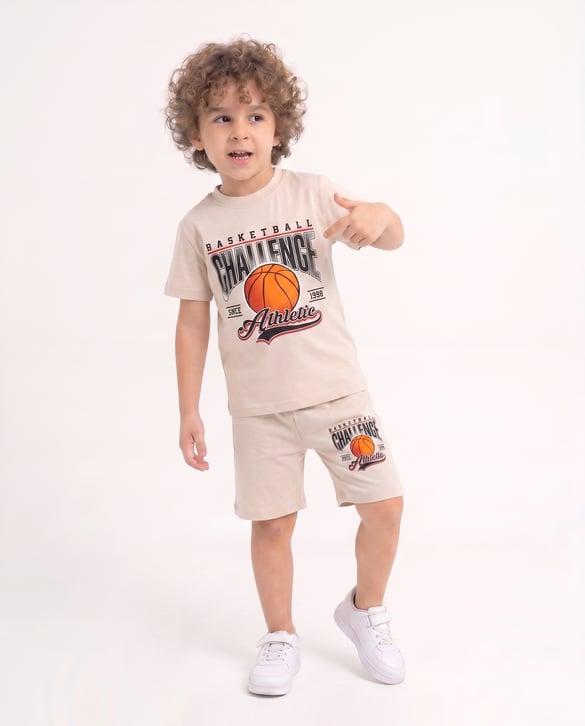 01105-5 Basketball Desenli İkili Erkek Çocuk Takım KREM