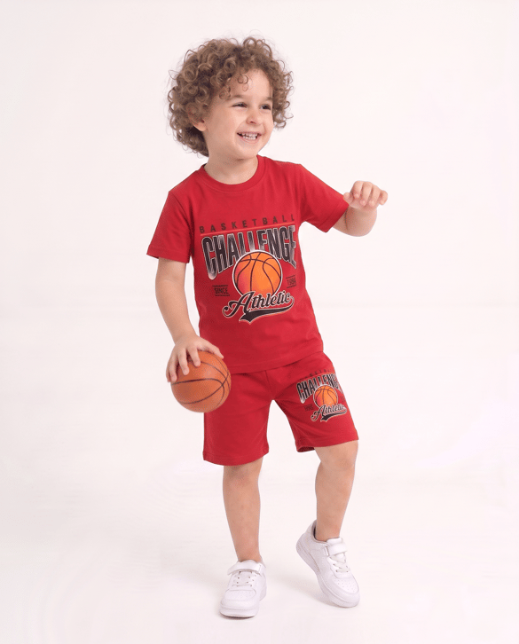 01105-5 Basketball Desenli İkili Erkek Çocuk Takım KIRMIZI