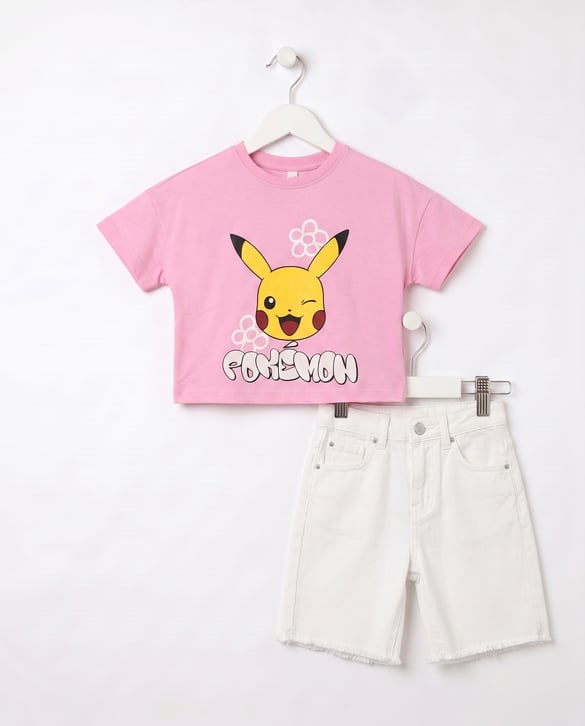 013062 Pokemon Baskılı Şortlu İkili Kız Takım BEYAZ