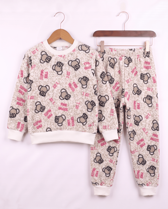0810-2 Koala Desenli Polar Pijama Takımı KREM