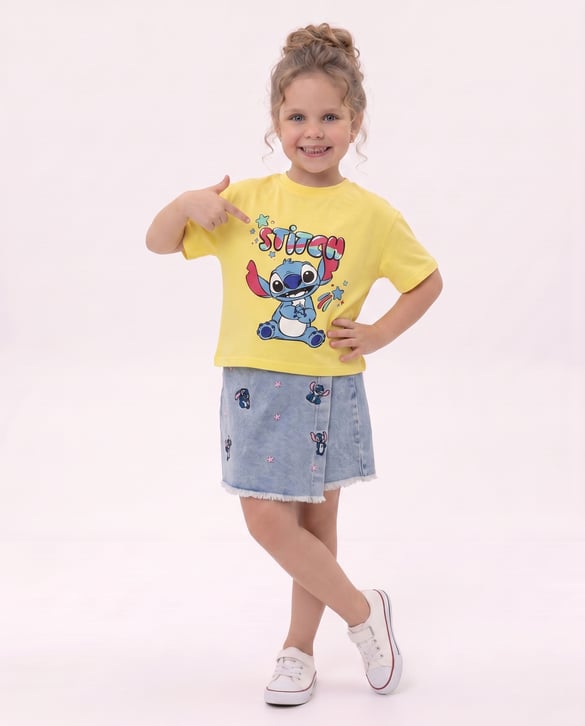 1018 Lilo Stich Baskılı Kot Şortlu Takım SARI