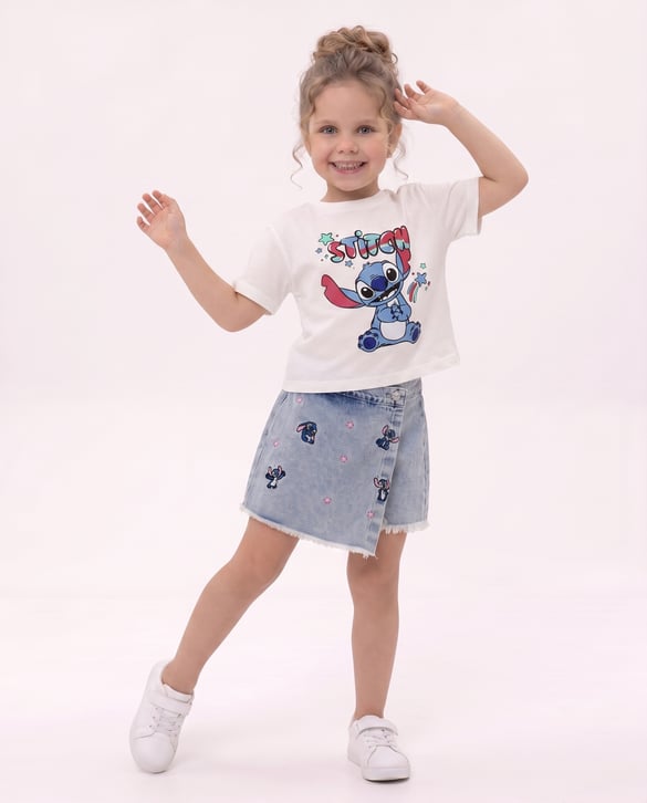 1018 Lilo Stich Baskılı Kot Şortlu Takım BEYAZ