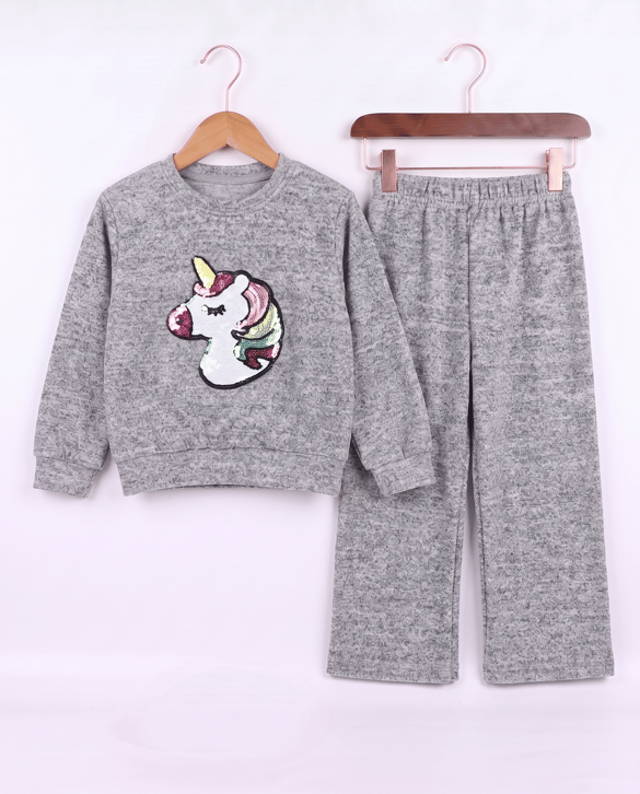 1100-1 Unicorn İşlemeli Yumoş Kumaş Kız Çocuk Takım GRİ