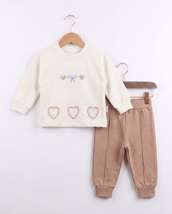 1279 Fiyonk İşlemeli İki İplik İkili Kız Takım KAHVE
