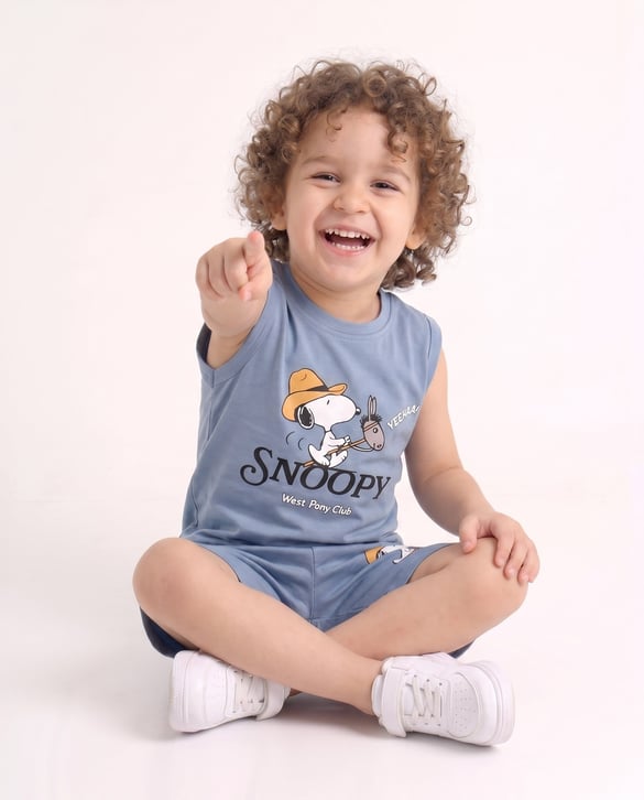 1304-1 Snopy Baskılı Askılı Şortlu İkili Erkek Çocuk Takım MAVİ
