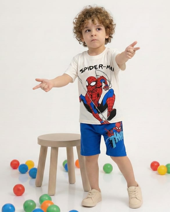 1305-9 Spider Man Yazılı İkili Erkek Şortlu Takım KREM