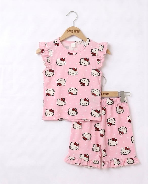 1503-2 Fırfırlı Hello Kitty Desenli Takım PEMBE