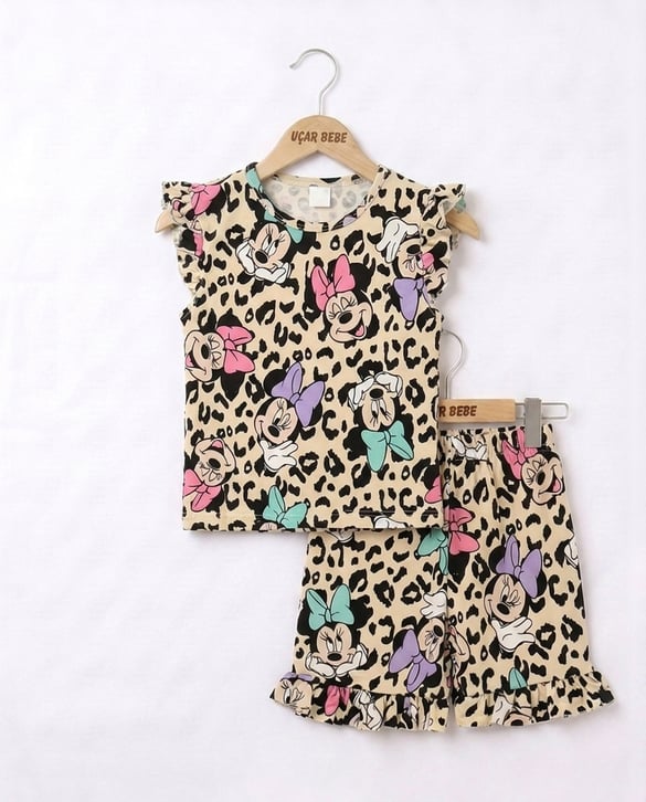1503-7 Frıfrılı Leopar Minnie Mause Baskılı Takım KAHVE