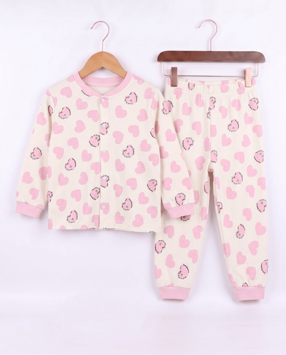 17517 Kalp Baskılı Çıtçıtlı Pijama Takımı PEMBE