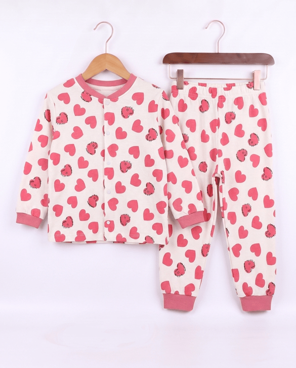 17517 Kalp Baskılı Çıtçıtlı Pijama Takımı FUŞYA