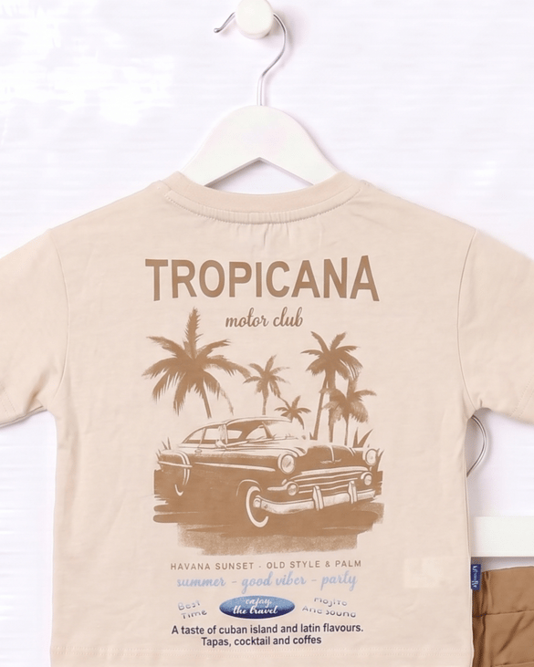 175179 Tropical Baskılı Cep Detaylı İkili Şortlu Erkek Çocuk Takım BEJ