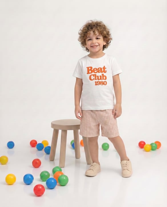 22214 Beat Clup Baskılı Çizgili Şort Detaylı İkili Erkek Çocuk Takım BEYAZ