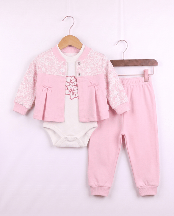 2266 Çiçek Süzine Nakışlı Üçlü Erkek Bebek  Takım PEMBE