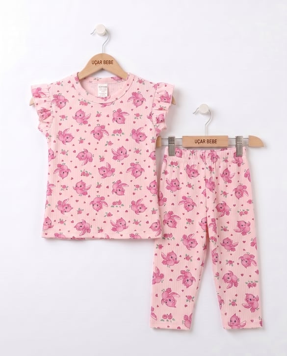 2408-5 Lufi Kuş Desenli Kız Çocuk Takım PEMBE