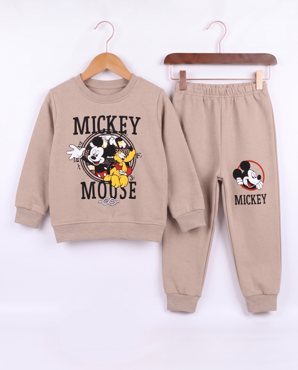 2455 Mickey Mouse Baskılı Şardonlu İkili Erkek Çocuk Takım BEJ