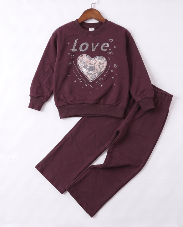 261002 Taş İşlemeli Love Kalpli Takım BORDO