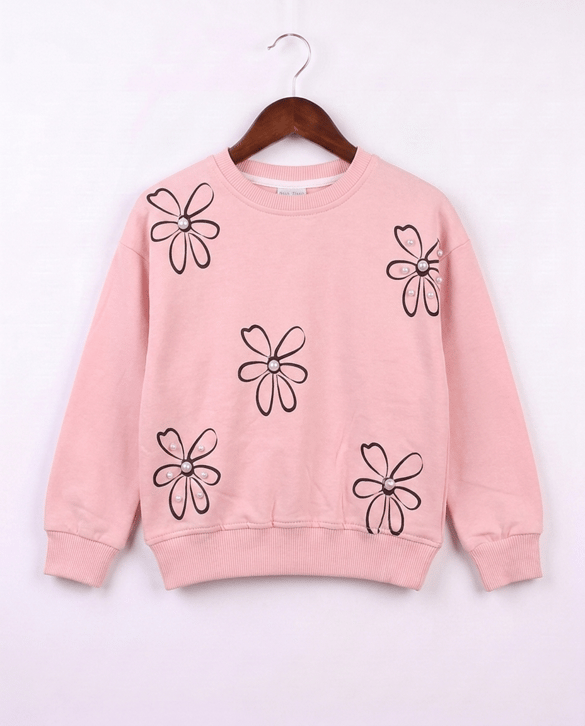 26647 Çiçek Baskılı İncili S Yaka Sweat PEMBE