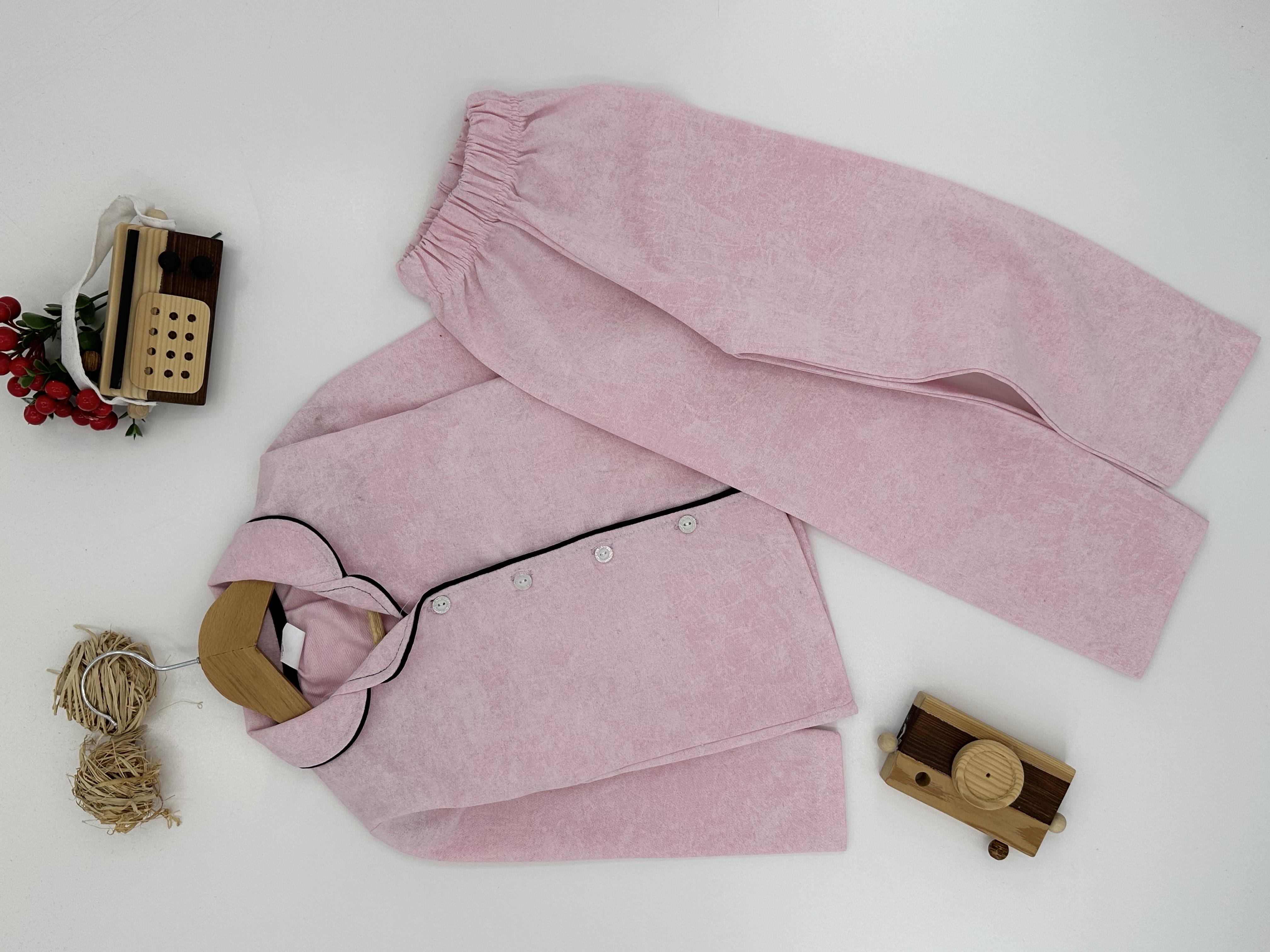 28001 DÜğmeli İkili Kız Pijama Takımı PEMBE