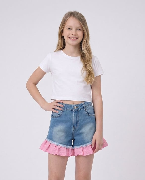 2867-2 Garnili Kız Çocuk Kot Şort PEMBE