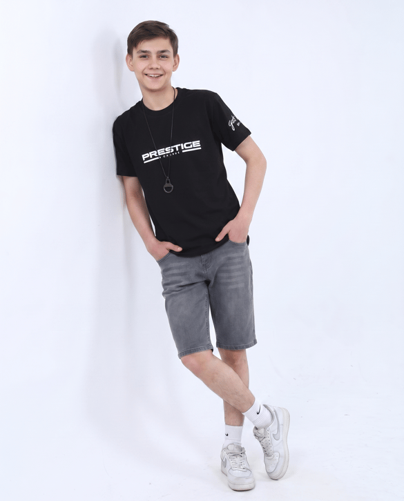 30360 Prestige Baskılı Kot Şortlu İkili Erkek Çocuk Takım (7-14 Yaş) SİYAH