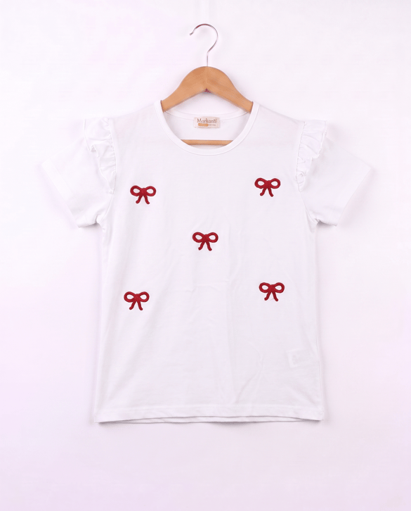 3077 Fiyonk Nakışlı Kız Çocuk T-Shirt KIRMIZI