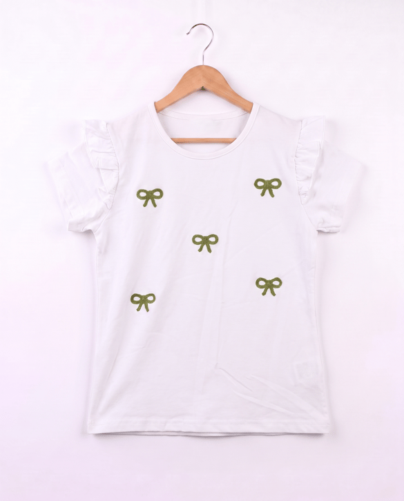 3077 Fiyonk Nakışlı Kız Çocuk T-Shirt YEŞİL