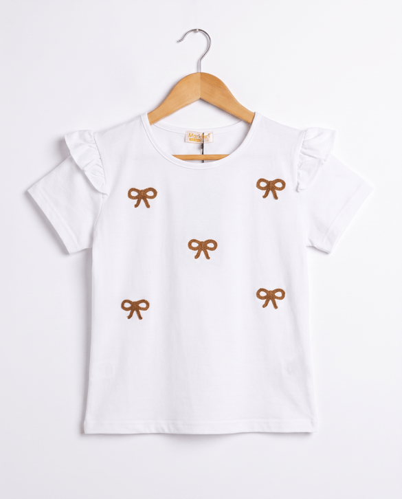 3077 Fiyonk Nakışlı Kız Çocuk T-Shirt KAHVE