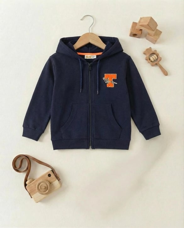 324676 T-Rex Baskılı Kapişonlu Fermuarlı Üç İplik Şardonlu Sweat LACIVERT
