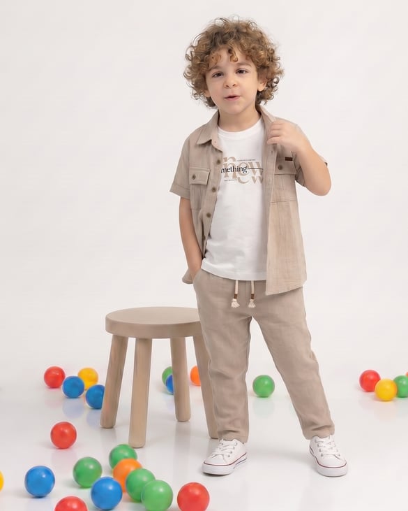 3908 Müslin Gömlekli Pantolonlu Üçlü Erkek Çocuk Takım BEJ