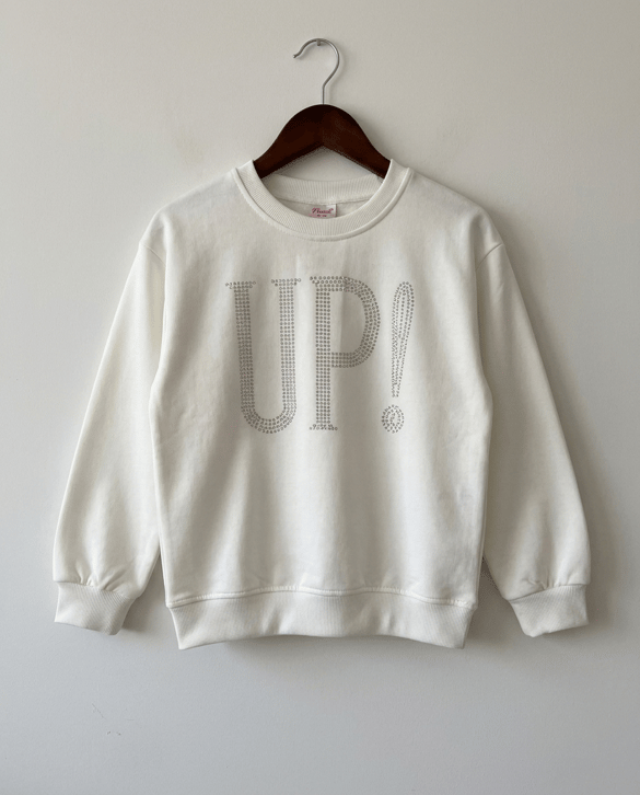 3934 Up Taşlı İşlemeli Kız Sweat BEYAZ
