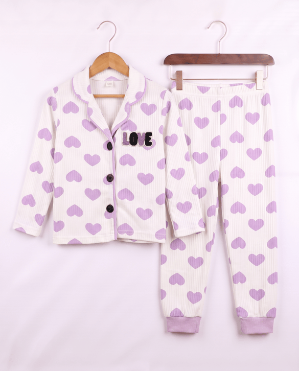 4046 Kalpli Love Düğmeli Üçlü Pijama LİLA