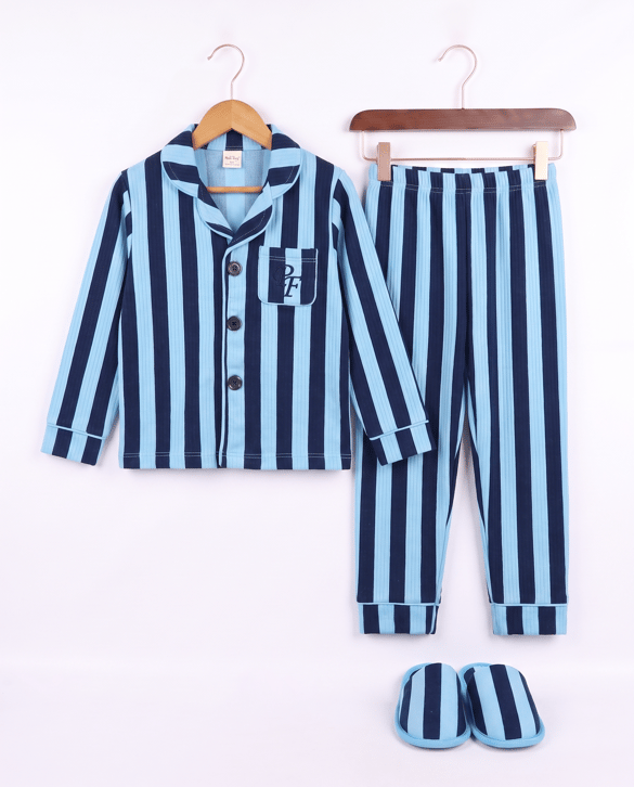 4095 Çizgili Terlikli Pijama Takımı MAVİ