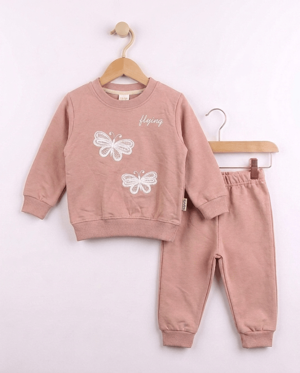 4980 Kelebek Desenli İkili Kız Bebe Takım PEMBE