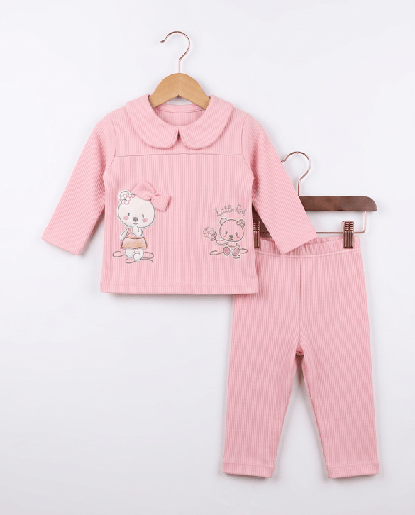 5015 Raporlu Fiyonklu Kız Bebe Takım PEMBE