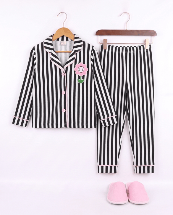 5080 Çiçek Süzineli Terlikli Düğmeli Üçlü  Pijama Takımı PEMBE