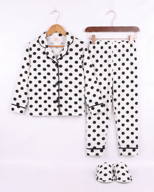 5086 Siyah Terlik Düğmeli Üçlü Pijama Takım BEYAZ