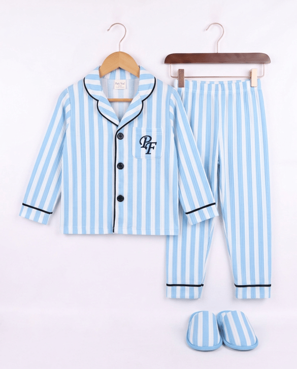 5092 Çizgili Terlik Düğmeli Üçlü Pijama Takım MAVİ