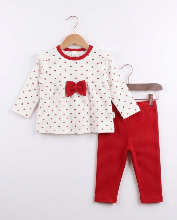 6029 Simli Kalp Desenli İkili Bebe Takım KIRMIZI