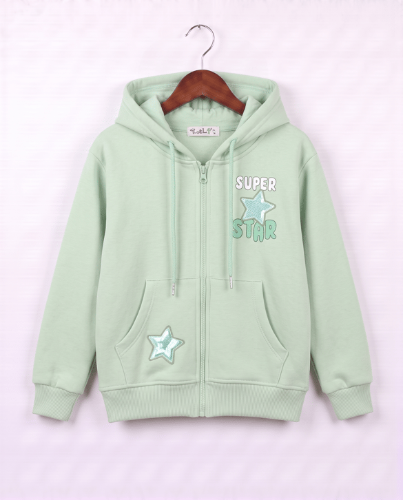 6264345 Süper Star Baskılı Fermuarlı Üç İplik Şardonlu Sweat YEŞİL